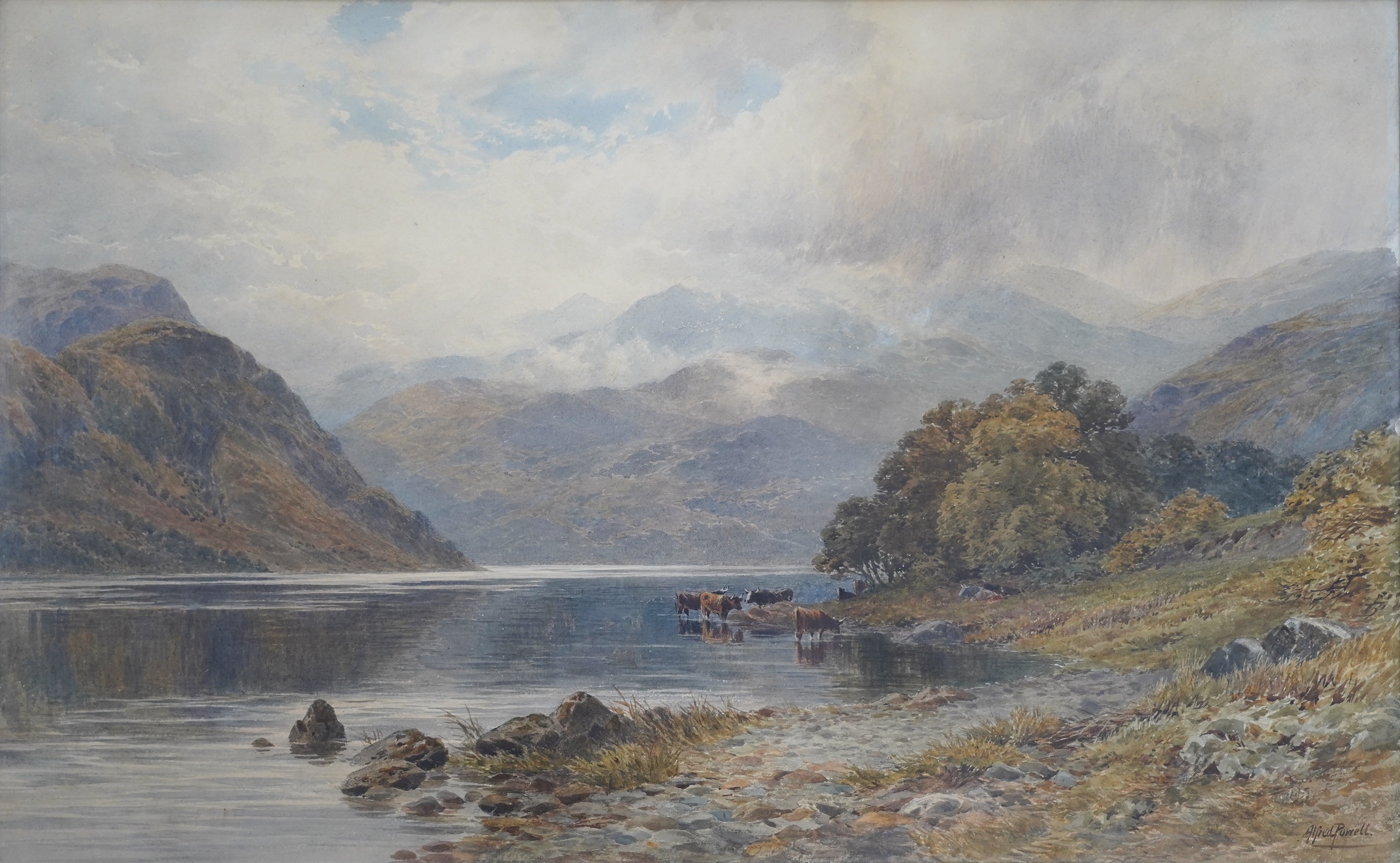 Alfred Powell (fl.1870-1901), watercolour, Cattle in a highland landscape, signed, 48 x 77cm, ornate gilt framed